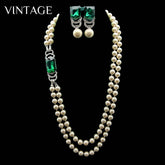 Vintage Palace Style Elegant Temperament Champagne Color Versatile Emerald Pearl Necklace Earrings