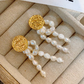 Embossed Gold Coin Natural Freshwater Pearl Earrings