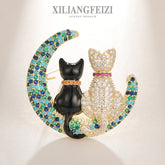 Colored Zircon Moon Cartoon Cat Brooch