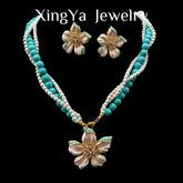 Bohemian Enamel Turquoise Pearl Mixed Flower Necklace Earring Set