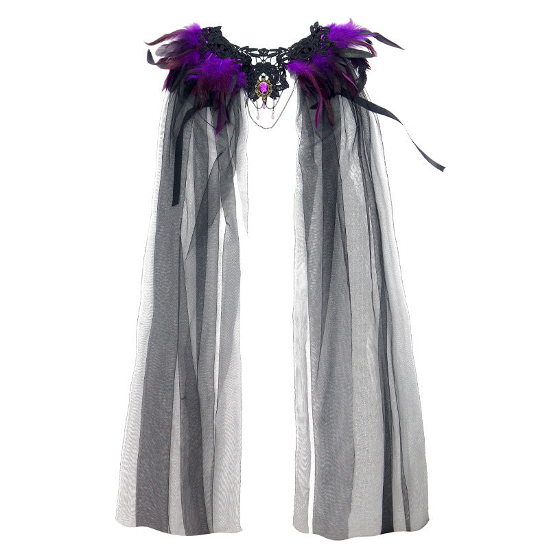 Halloween Feather Cloak Black Mesh Cape