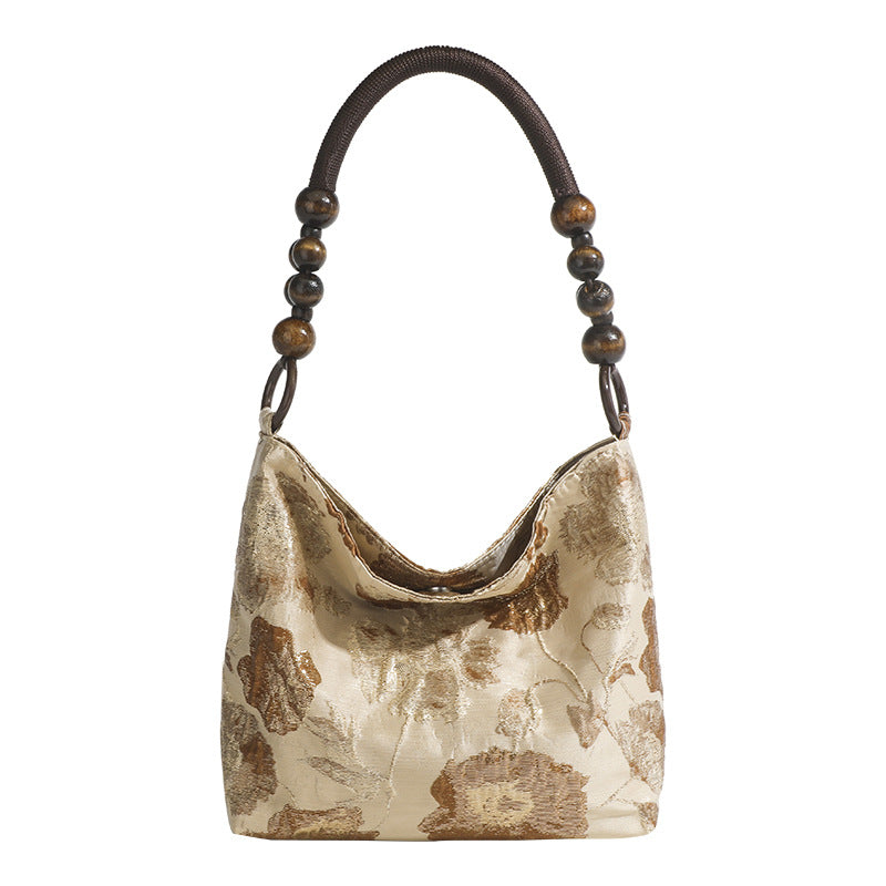 Original Caramel Macchiato Vintage Jacquard Wooden Beads Braided Chain Shoulder Bag
