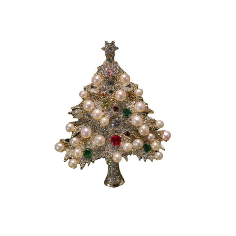 Original Design Colorful Zircon Pearl Christmas Tree Brooch
