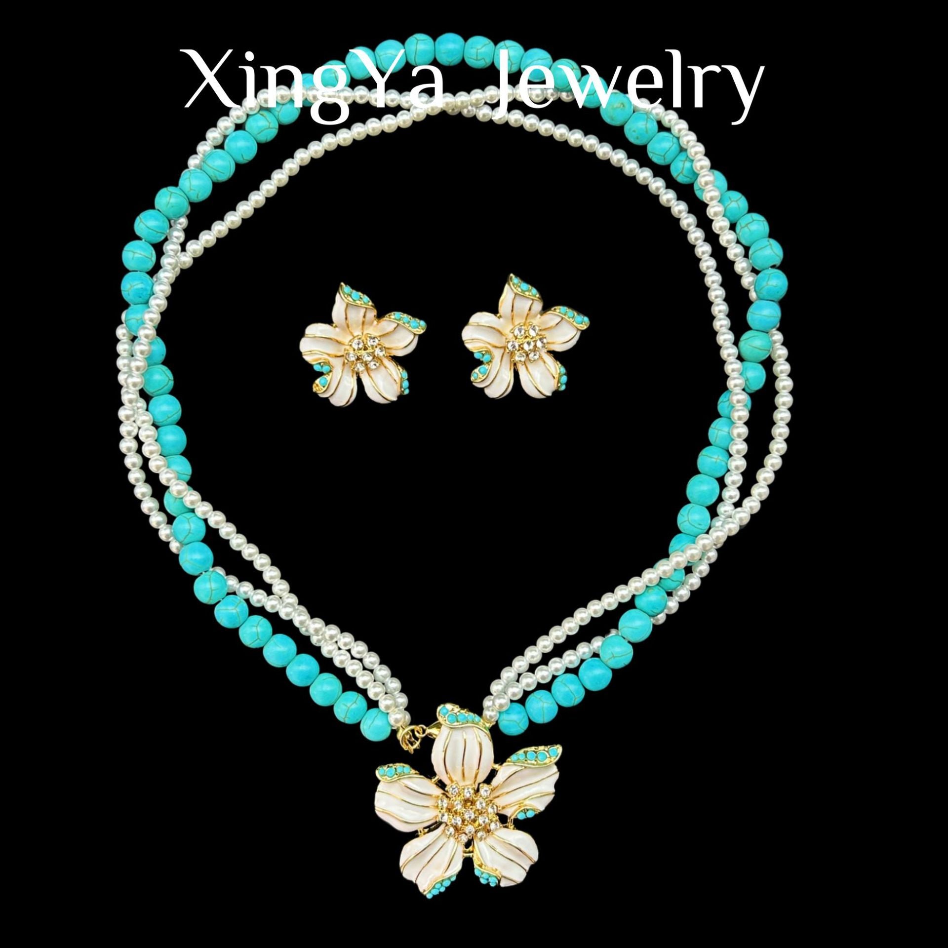 Bohemian Enamel Turquoise Pearl Mixed Flower Necklace Earring Set