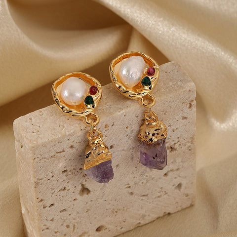 Vintage Light Luxury Amethyst Raw Stone Earrings