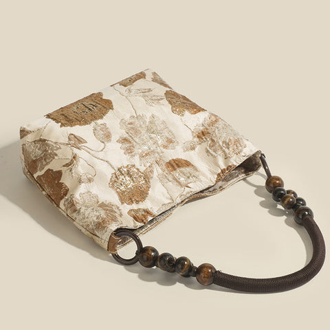 Original Caramel Macchiato Vintage Jacquard Wooden Beads Braided Chain Shoulder Bag