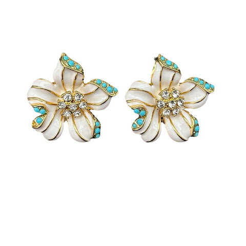 Bohemian Enamel Turquoise Pearl Mixed Flower Necklace Earring Set