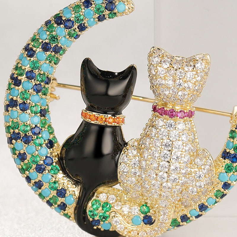 Colored Zircon Moon Cartoon Cat Brooch