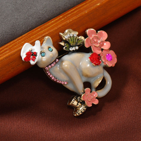 Vintage Oil Painting Craft Flower and Cat Brooch