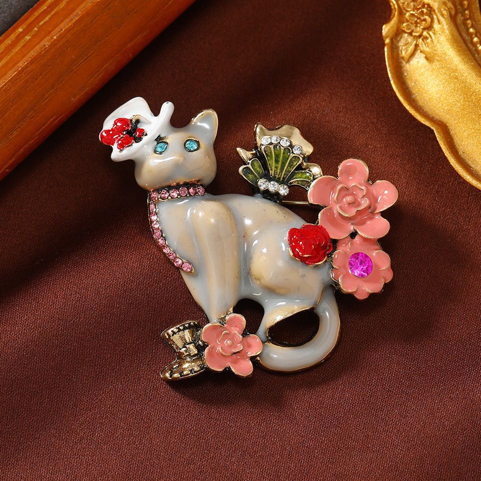 Vintage Oil Painting Craft Flower and Cat Brooch