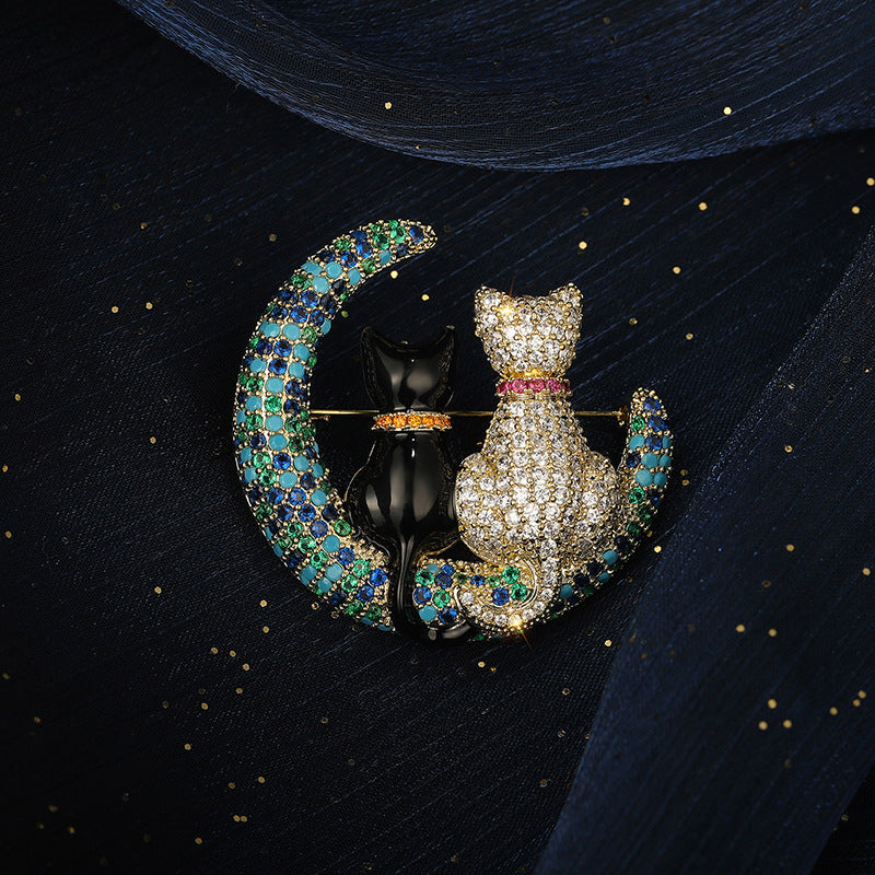 Colored Zircon Moon Cartoon Cat Brooch