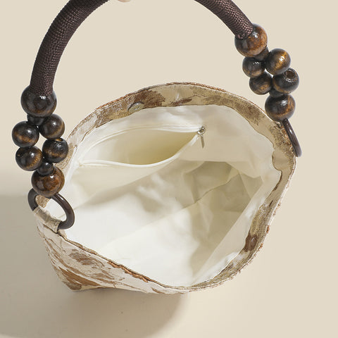 Original Caramel Macchiato Vintage Jacquard Wooden Beads Braided Chain Shoulder Bag
