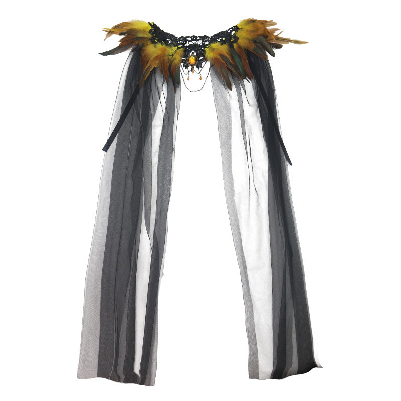 Halloween Feather Cloak Black Mesh Cape