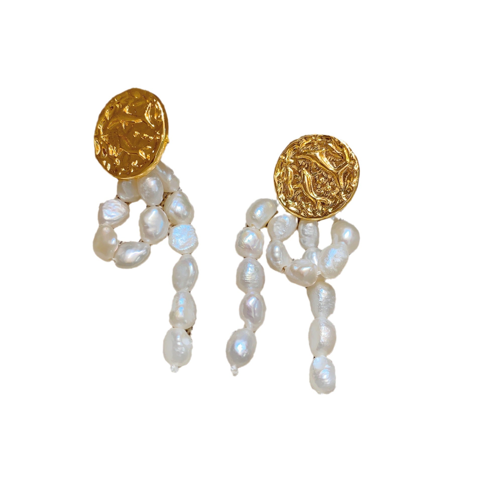 Embossed Gold Coin Natural Freshwater Pearl Earrings