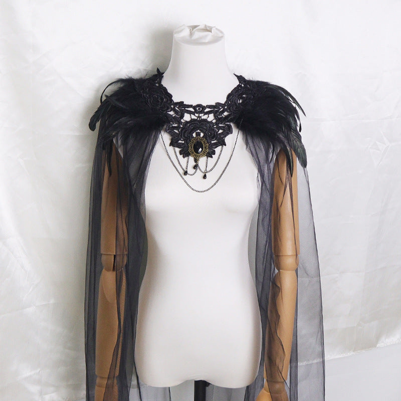 Halloween Feather Cloak Black Mesh Cape