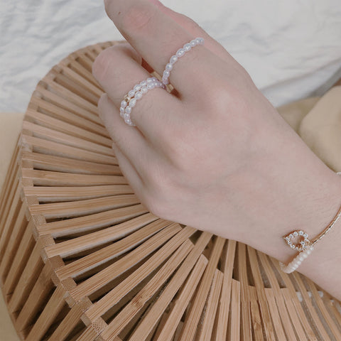 14K Gold Natural White Freshwater Pearl Elastic Rope Ring