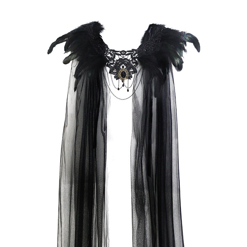 Halloween Feather Cloak Black Mesh Cape