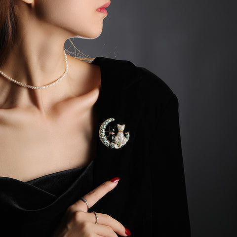 Colored Zircon Moon Cartoon Cat Brooch