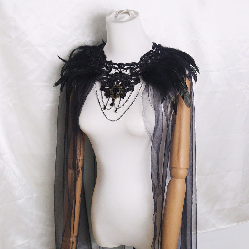 Halloween Feather Cloak Black Mesh Cape