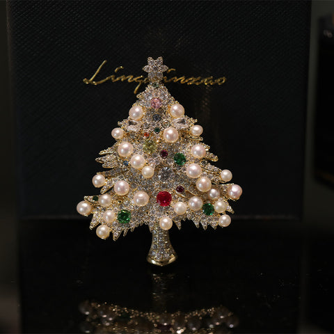 Original Design Colorful Zircon Pearl Christmas Tree Brooch