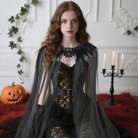 Halloween Feather Cloak Black Mesh Cape