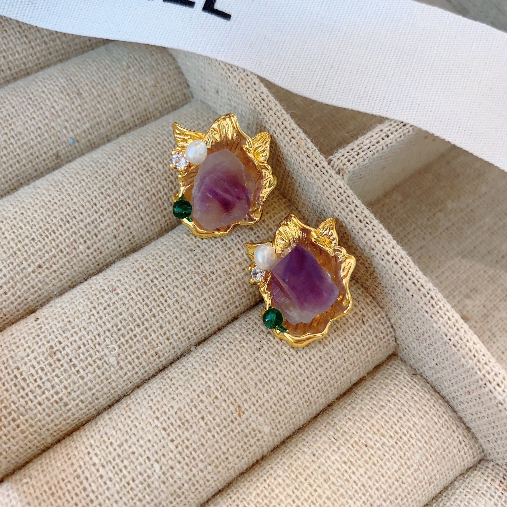 Vintage Purple Temperament Pearl Silver Needle Earrings