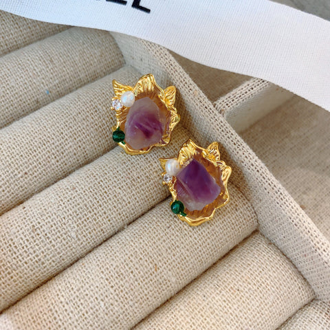 Vintage Purple Temperament Pearl Silver Needle Earrings