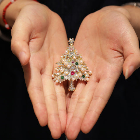 Original Design Colorful Zircon Pearl Christmas Tree Brooch
