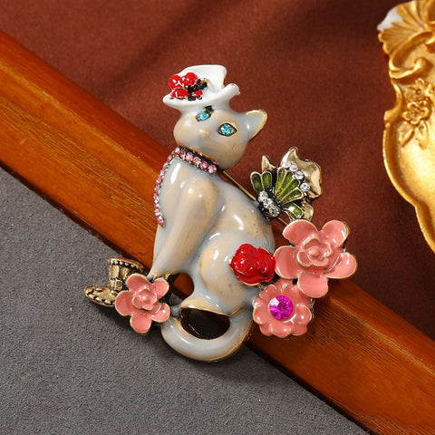 Vintage Oil Painting Craft Flower and Cat Brooch