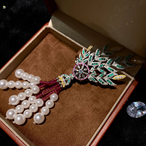 Handmade "The Great Gatsby" Palace Style Crown Wheat Tassel Pearl Brooch