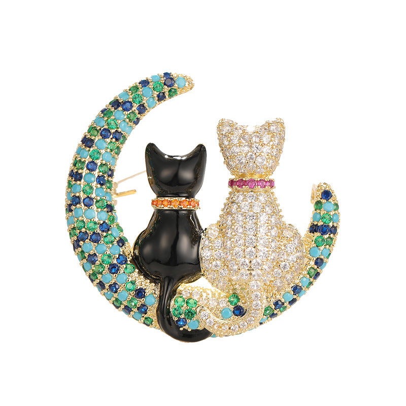 Colored Zircon Moon Cartoon Cat Brooch