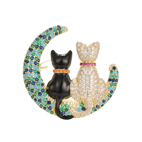 Colored Zircon Moon Cartoon Cat Brooch