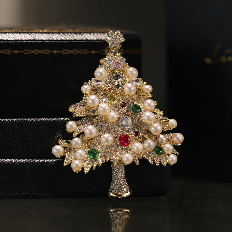 Original Design Colorful Zircon Pearl Christmas Tree Brooch