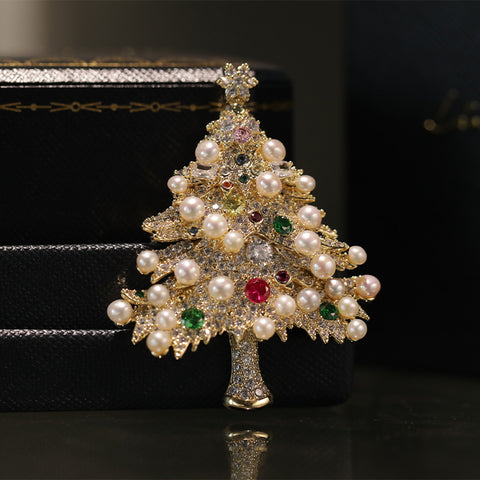 Original Design Colorful Zircon Pearl Christmas Tree Brooch