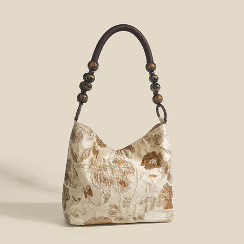 Original Caramel Macchiato Vintage Jacquard Wooden Beads Braided Chain Shoulder Bag