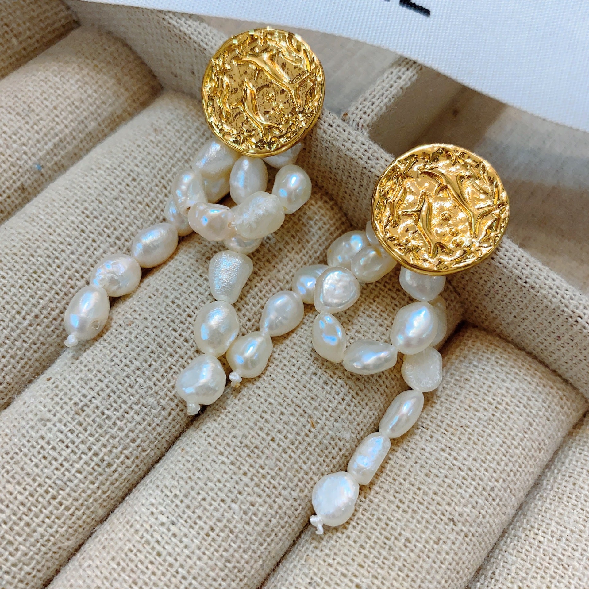 Embossed Gold Coin Natural Freshwater Pearl Earrings