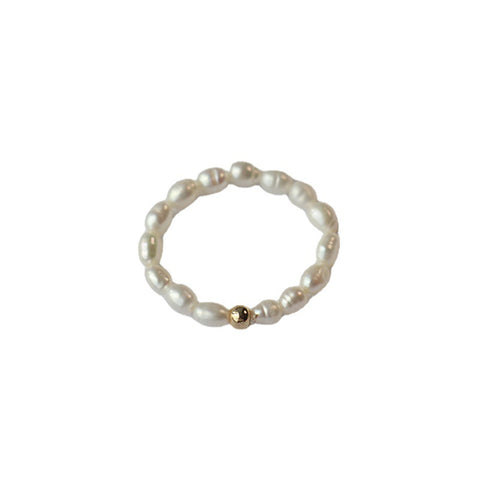 14K Gold Natural White Freshwater Pearl Elastic Rope Ring
