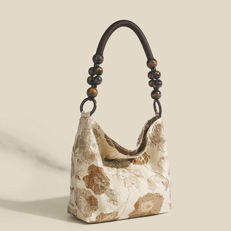 Original Caramel Macchiato Vintage Jacquard Wooden Beads Braided Chain Shoulder Bag