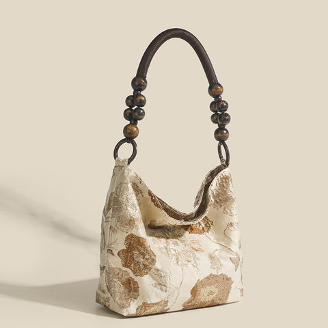 Original Caramel Macchiato Vintage Jacquard Wooden Beads Braided Chain Shoulder Bag