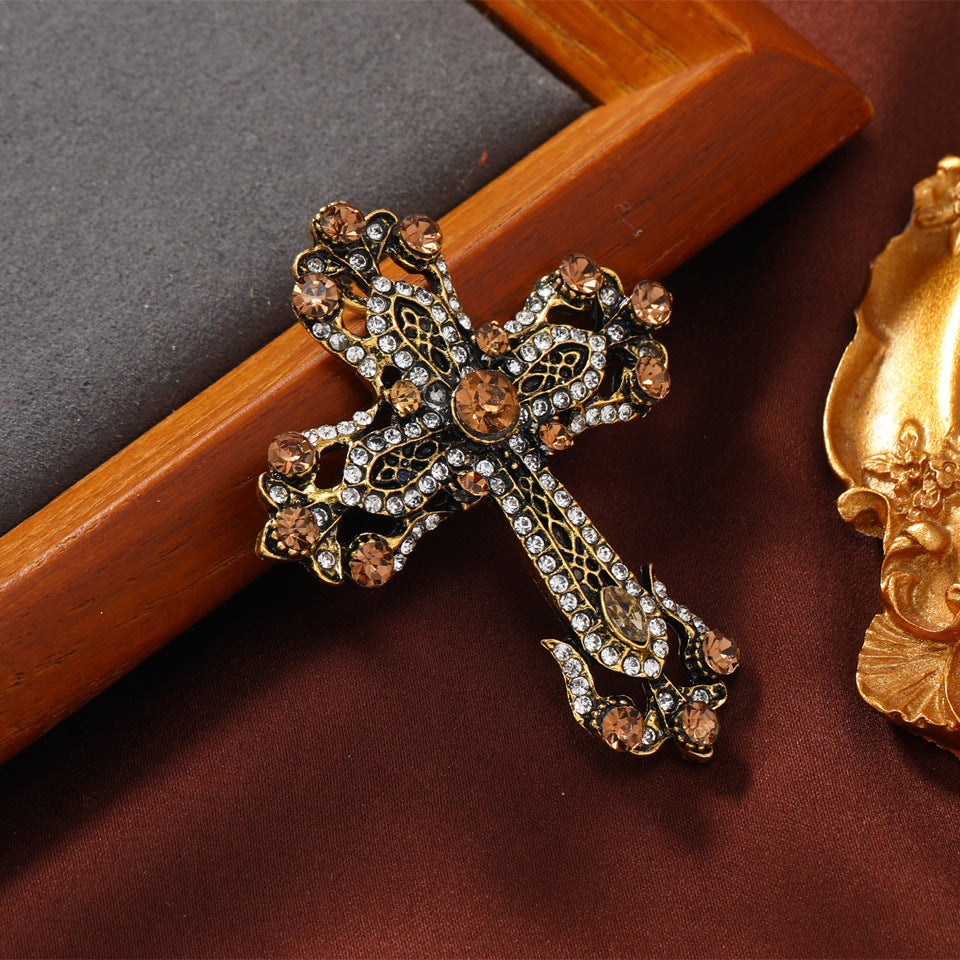 Vintage Court-style Rhinestone Cross Brooch