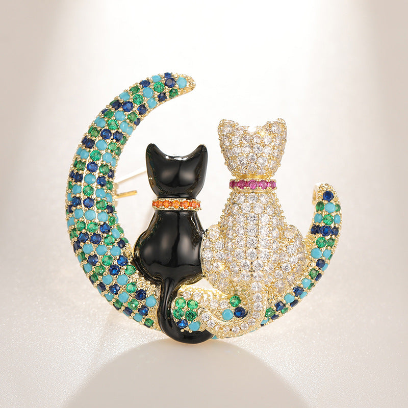 Colored Zircon Moon Cartoon Cat Brooch
