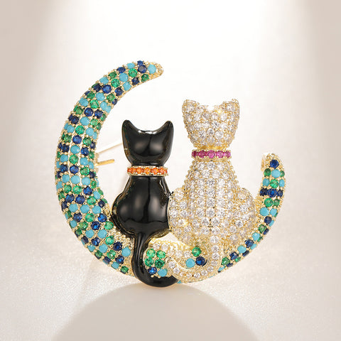 Colored Zircon Moon Cartoon Cat Brooch
