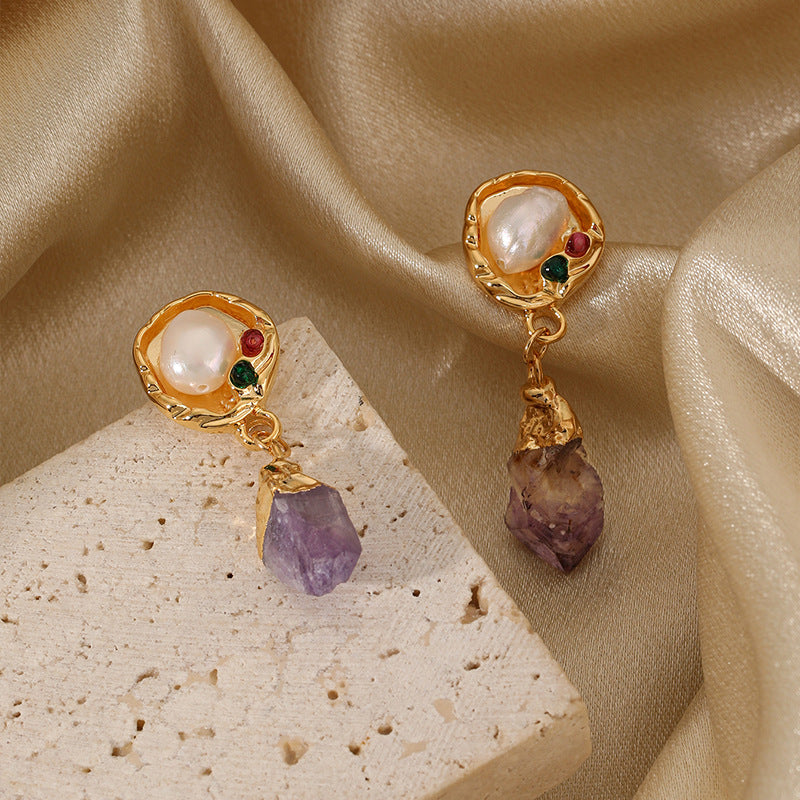 Vintage Light Luxury Amethyst Raw Stone Earrings