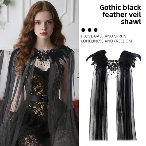 Halloween Feather Cloak Black Mesh Cape
