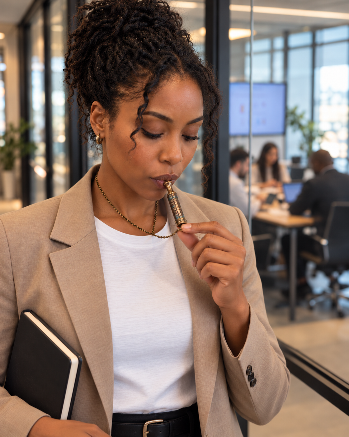 Woman breathing out through her Zen Anchor pendant before a meeting