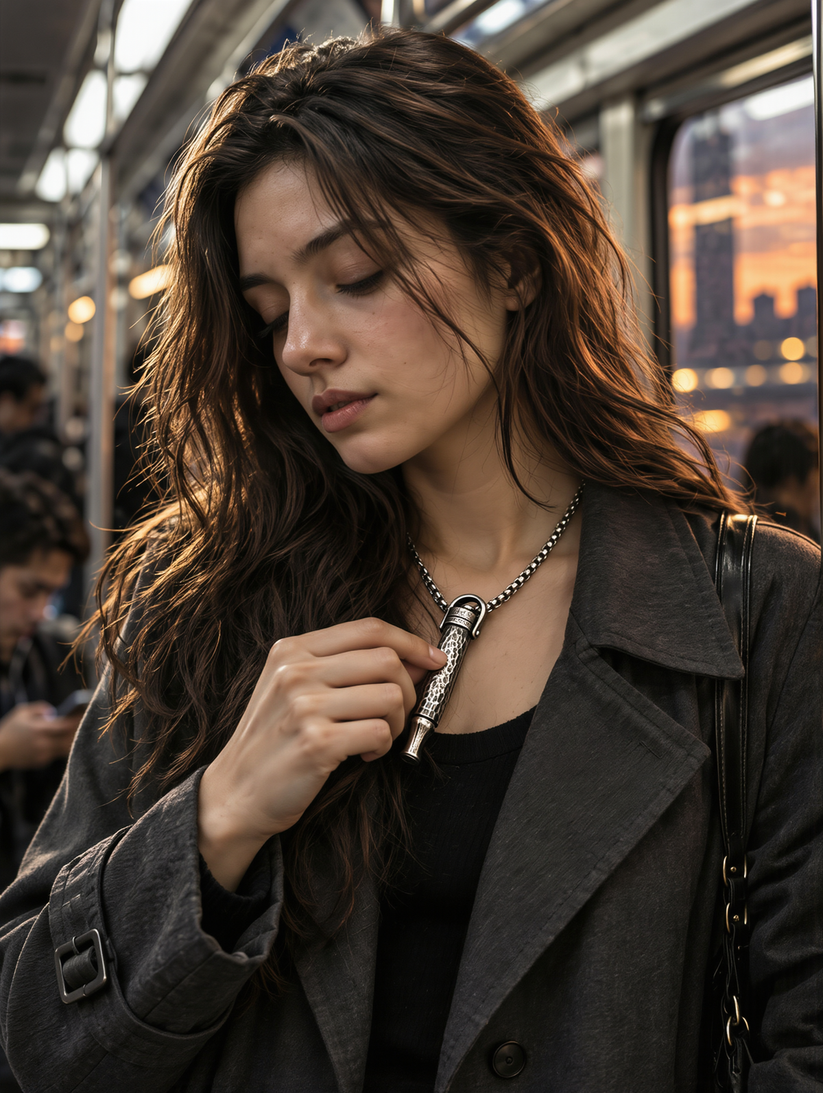 Woman on a train with her eyes closed, holding the Zen Anchor pendant she wears