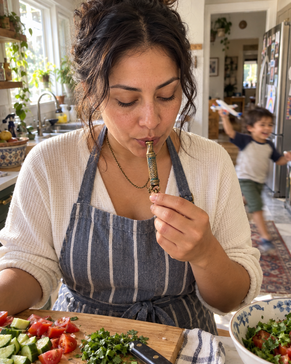 Mother in the kitchen breathing out through her Zen Anchor pendant while her son plays