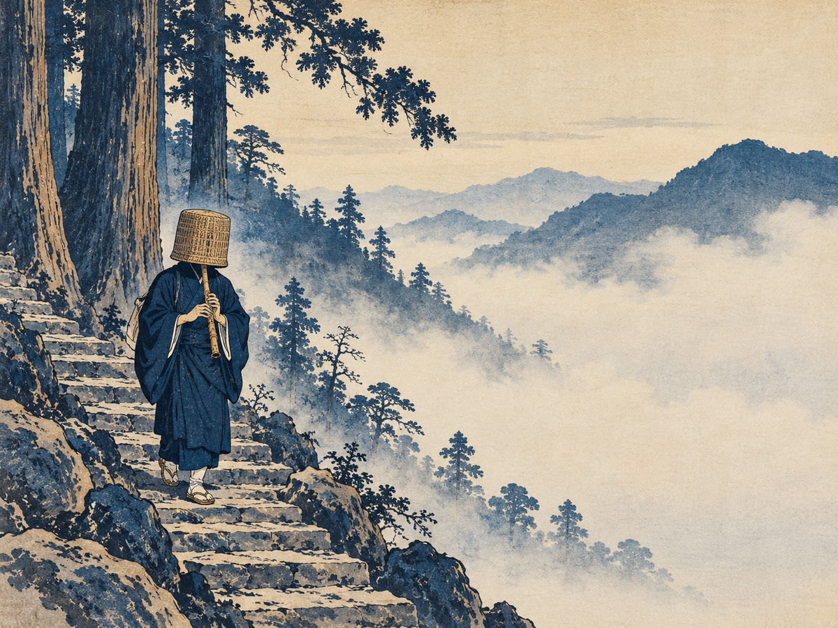 Woodblock-style illustration of a komusō monk playing the shakuhachi on a misty mountain path