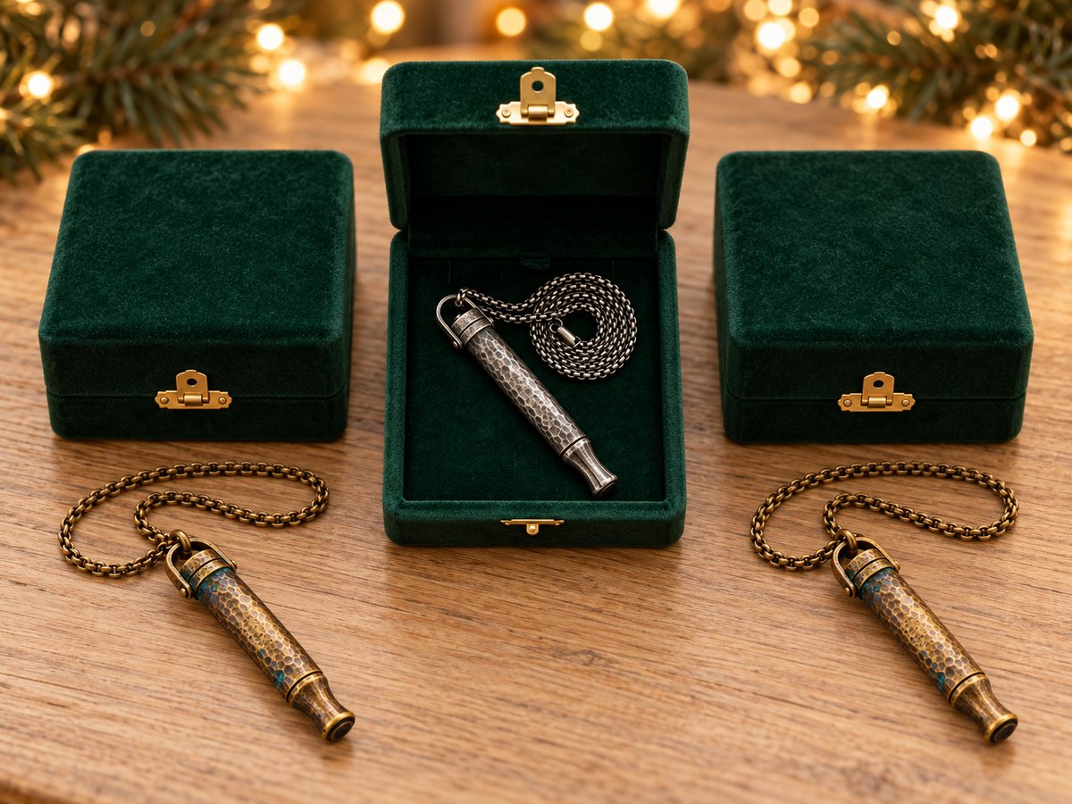 Three Zen Anchor necklaces with their jewelry boxes, two in brass tone and one in silver tone